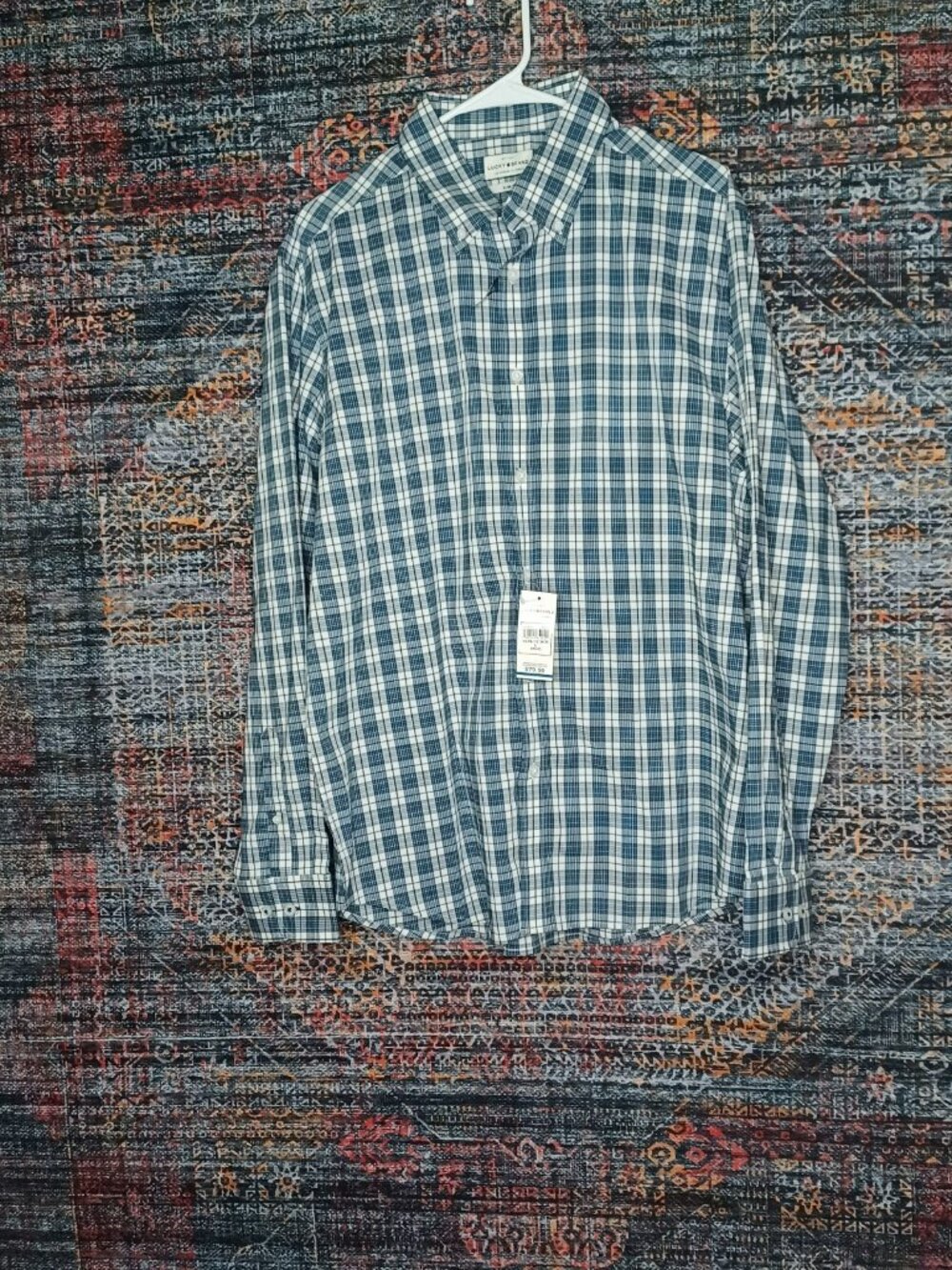 Lucky Brand mens white peacock blue plaid slim fit button down shirt L NWT